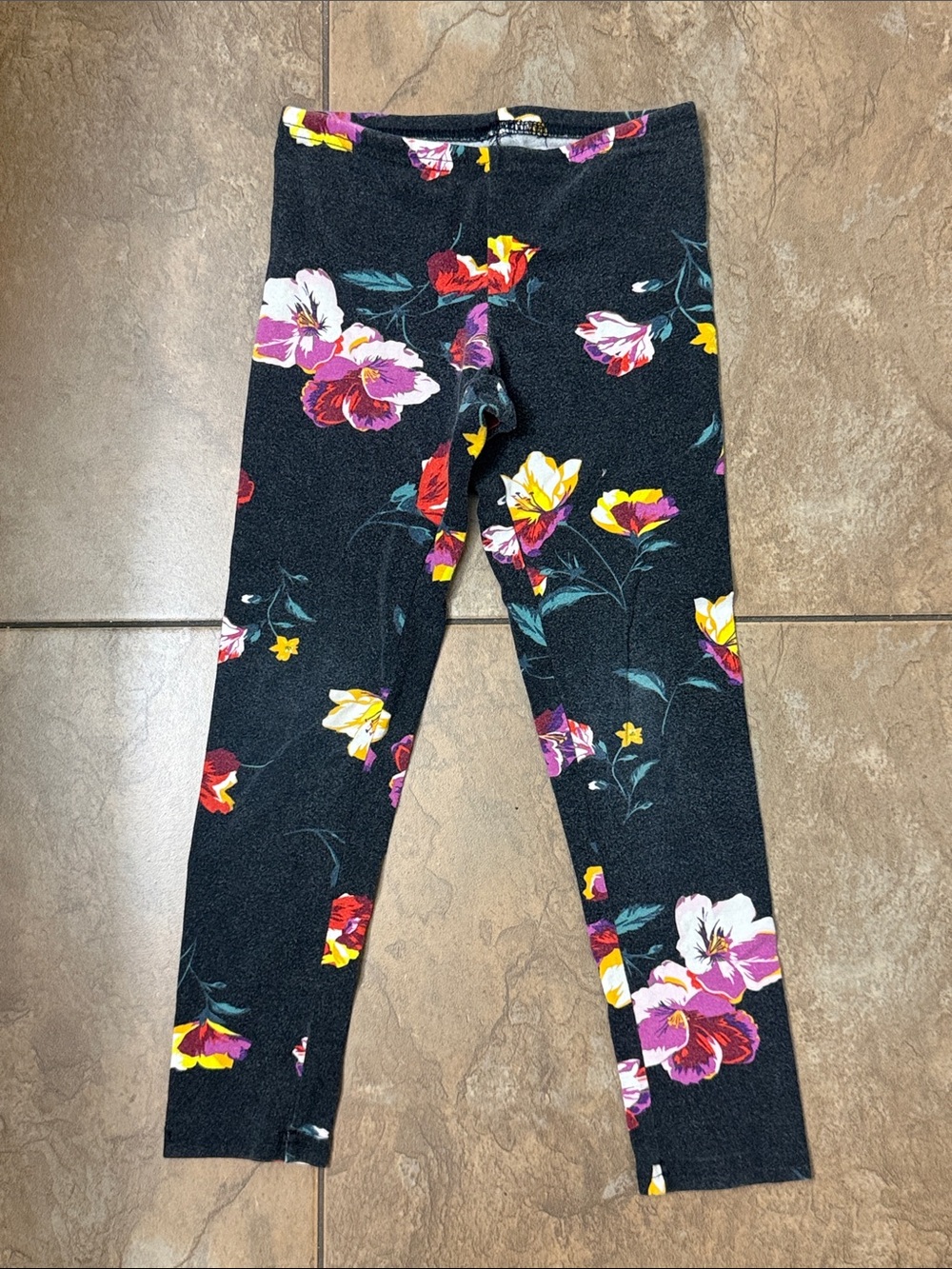 Old Navy Black Floral Leggings with Yellow & Pink Accents